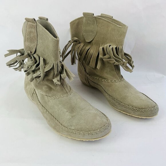 Sundance Suede Leather Shoes Booties Women's EU40 US 9.5 Beige Fringe Boho Italy - Picture 1 of 10